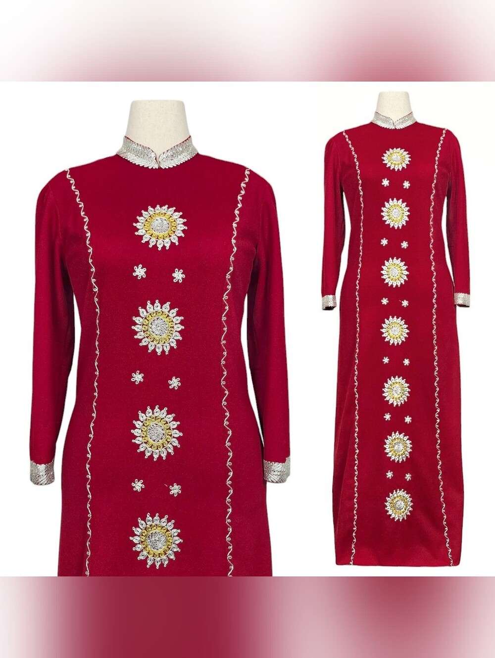 1960s Vintage Dress 60s Maxi Red Silver Gold 1970s Starburst Small Medium 70s